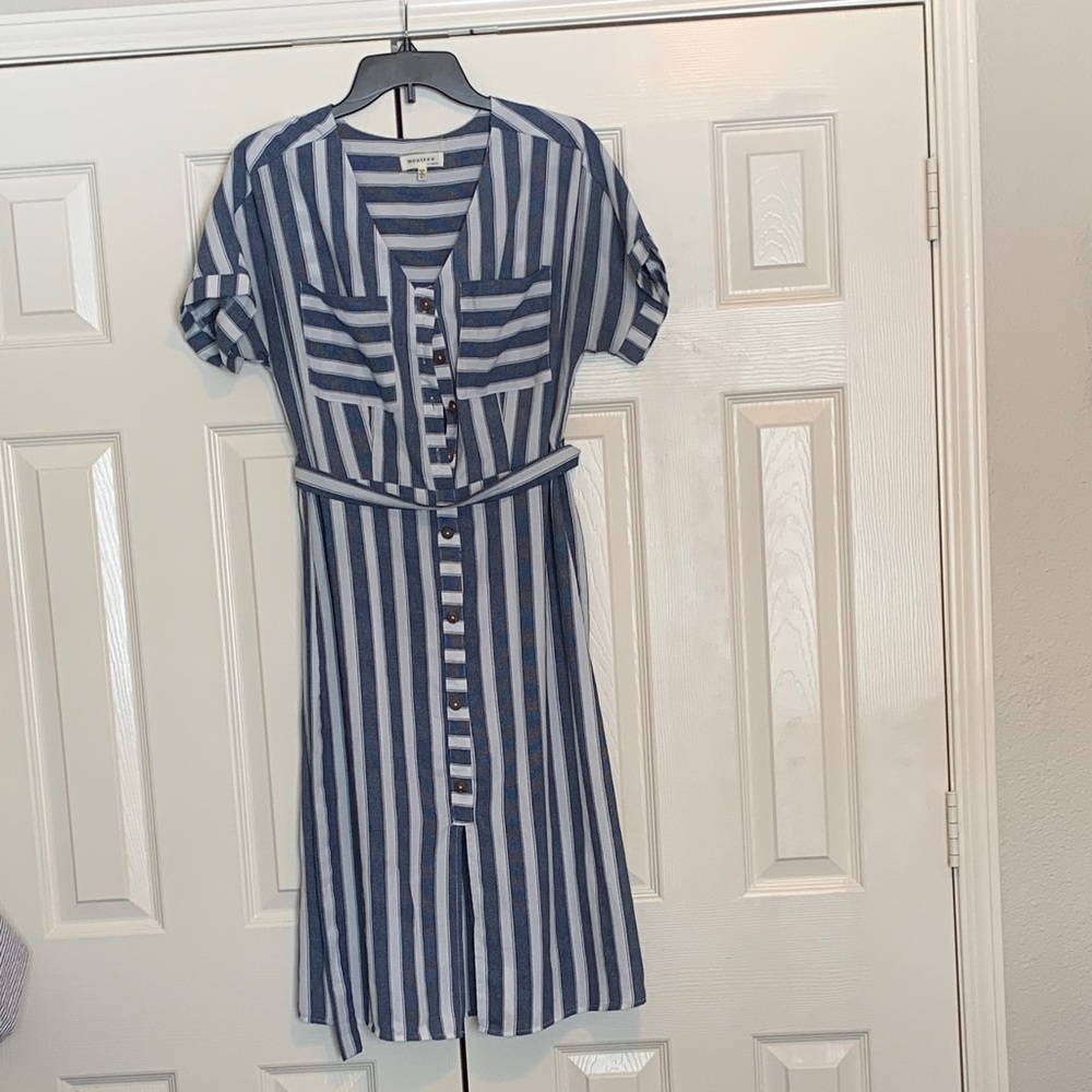 Blue and White Striped Midi Dress
